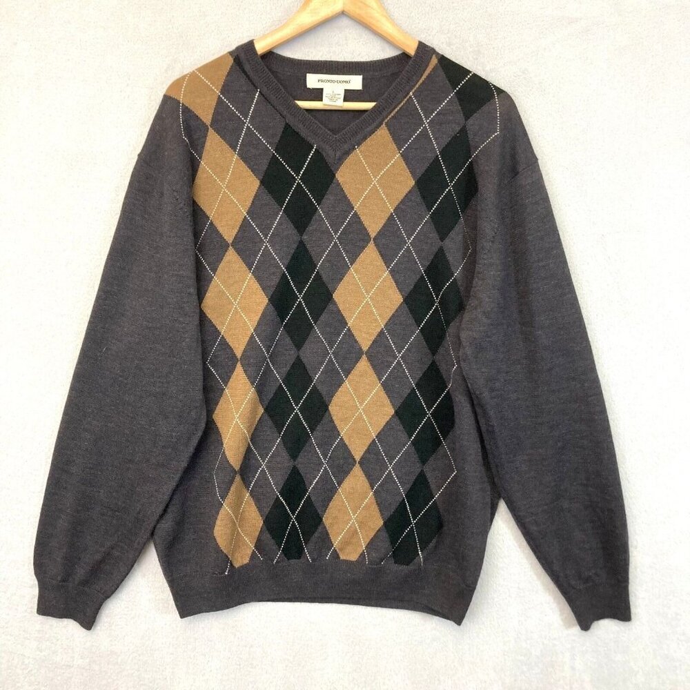 Pronto Uomo Merino Wool Argyle Sweater Mens Large L Gray Preppy Academia Dad EUC